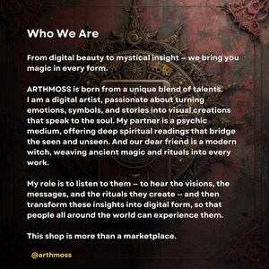 May include: Text on a dark background reads "Who We Are." The text describes a creative duo offering ancestral and family karma guidance through readings. The readings reveal hidden influences and family cycles.