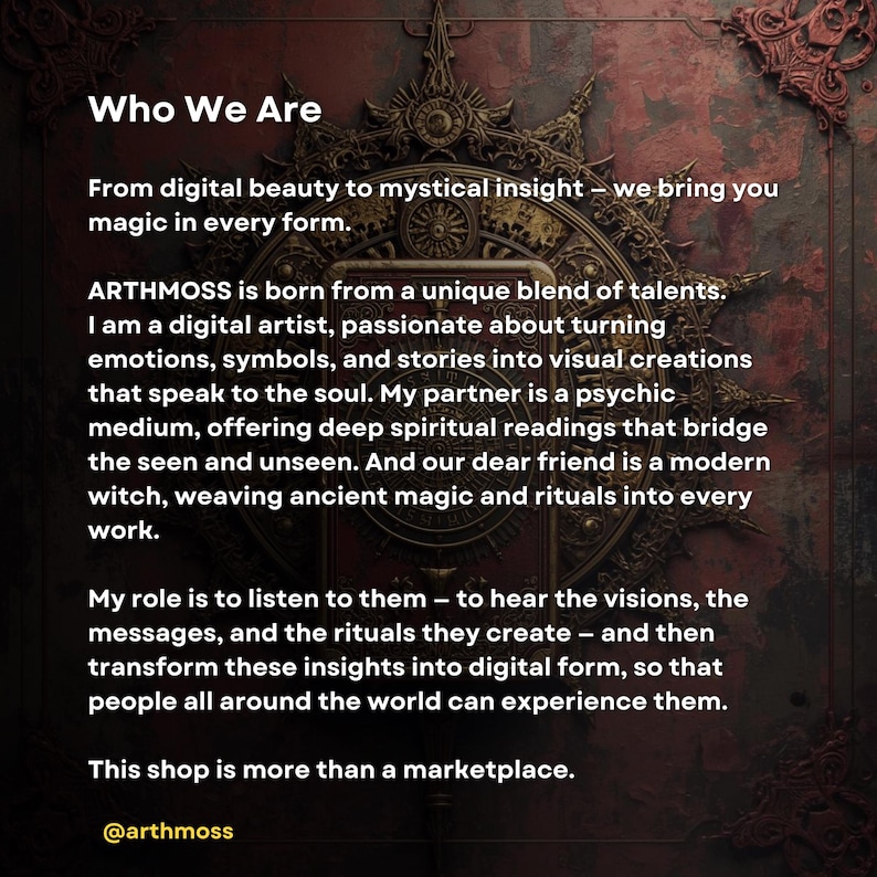 May include: Text on a dark background reads "Who We Are." The text describes a creative duo offering ancestral and family karma guidance through readings. The readings reveal hidden influences and family cycles.