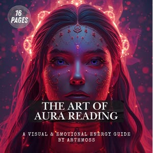 Op de afbeelding: Een digitale kunstprint met een vrouwen gezicht, blauwe ogen en sierlijke gezichtsdetails. De afbeelding is in paarse en rode tinten, met de tekst "THE ART OF AURA READING" en "16 PAGES". Het boek is een visuele en emotionele gids van Arthmoss.