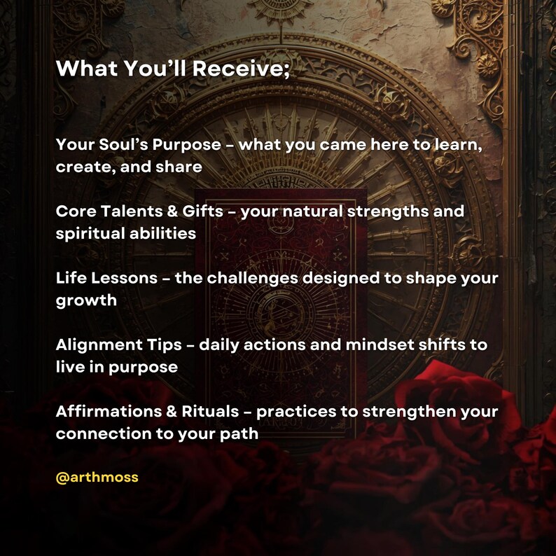 May include: A dark image with text listing what you will receive: Your Soul's Purpose, Core Talents & Gifts, Life Lessons, Alignment Tips, and Affirmations & Rituals. A gold ribbon with a star and the word "BEST" is in the upper right corner.