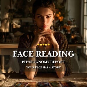 May include: A digital graphic featuring a person with dark hair and a dark patterned top, with text that reads FACE READING PHYSIOGNOMY REPORT YOUR FACE HAS A STORY and five yellow stars. Several tarot cards are spread out on a table in the foreground.
