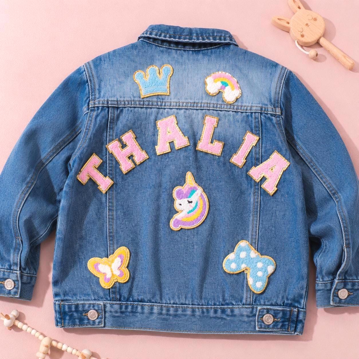 Custom Kids Denim Jacket, Personalized Chenille Letter Patches, Birthday Gift for Girls Boys