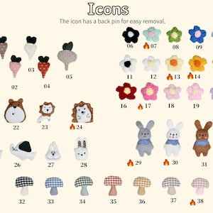 May include: A selection of fabric icons, including vegetables, flowers, animals, and mushrooms. Each icon has a back pin for easy removal. The icons are in various colours, such as pink, green, blue, and brown.