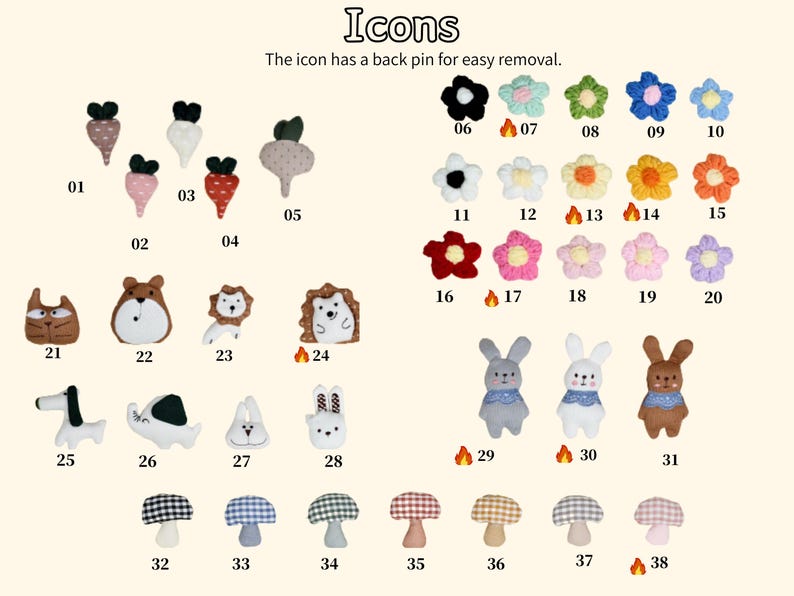 May include: A selection of fabric icons, including vegetables, flowers, animals, and mushrooms. Each icon has a back pin for easy removal. The icons are in various colours, such as pink, green, blue, and brown.