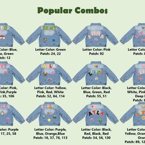 May include: Light blue denim jackets with personalized name patches and decorative patches. The image displays various combinations of letter colours and patch designs, including rainbows, butterflies, and stars. The text "Popular Combos" is at the top.