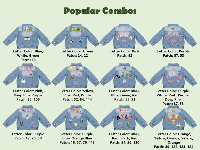 May include: Light blue denim jackets with personalized name patches and decorative patches. The image displays various combinations of letter colours and patch designs, including rainbows, butterflies, and stars. The text "Popular Combos" is at the top.