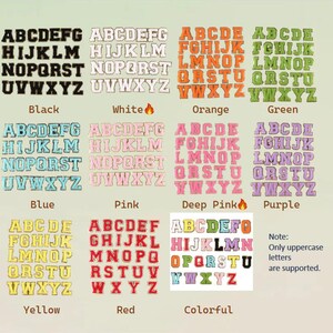 May include: A selection of uppercase letter patches in various colours: black, white, orange, green, blue, pink, deep pink, purple, yellow, red, and a colourful option. The image includes the text "Note: Only uppercase letters are supported."