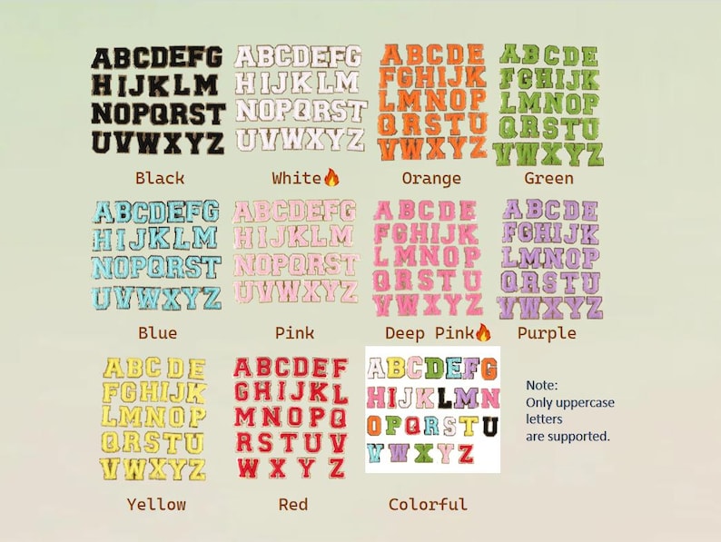 May include: A selection of uppercase letter patches in various colours: black, white, orange, green, blue, pink, deep pink, purple, yellow, red, and a colourful option. The image includes the text "Note: Only uppercase letters are supported."