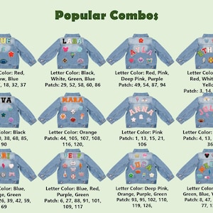 May include: Light blue denim jackets with colourful patches and personalised names. Each jacket features a different name in various colours, with coordinating patches. The text "Popular Combos" is at the top.