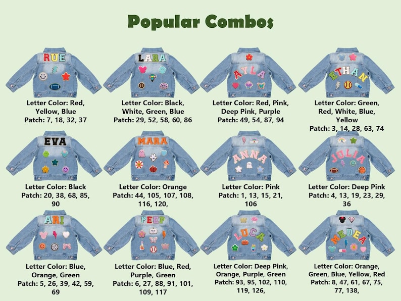 May include: Light blue denim jackets with colourful patches and personalised names. Each jacket features a different name in various colours, with coordinating patches. The text "Popular Combos" is at the top.