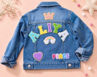 Monogrammed Chenille Patch Kids Denim Jacket, Custom Name Jean Jacket, Kids Casual Outerwear