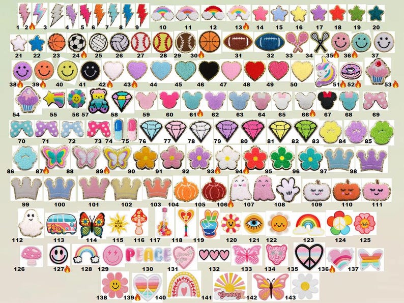 May include: A selection of colourful, embroidered patches in various shapes and designs. Includes stars, lightning bolts, sports balls, hearts, smiley faces, butterflies, crowns, and more. Ideal for decorating clothing or accessories.