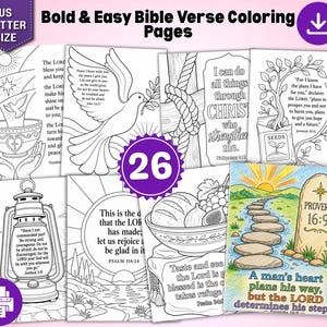May include: A collection of 26 printable coloring pages featuring Bible verses. The black and white line art includes illustrations of a dove, a lantern, a bowl of fruit, and a tree, with one page fully colored showing a path and Proverbs 16:9.
