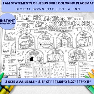 May include: A black and white printable coloring placemat titled The I AM Statements of Jesus, featuring seven illustrated arches with religious symbols, a word search, tic-tac-toe, and fill-in-the-blank activities. Available in 8.5x11, 11.69x8.27, and 17x11 inches.
