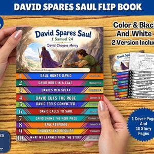 May include: A David Spares Saul flip book featuring a cover illustration of David and Saul in a cave. The flip book includes ten numbered story sections with titles like Saul Hunts David and David Cuts the Robe, plus a black and white version.