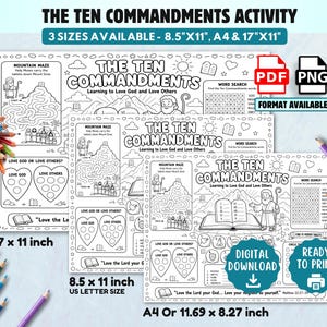 K&ouml;nnte beinhalten: Ein schwarz-wei&szlig;es, druckbares Aktivit&auml;tsblatt mit dem Titel The Ten Commandments, das ein Berglabyrinth, eine Wortsuche und herzf&ouml;rmige Ausmalbereiche enth&auml;lt. Verf&uuml;gbar in den Gr&ouml;&szlig;en 8,5x11 Zoll, A4 und 17x11 Zoll als digitaler Download.