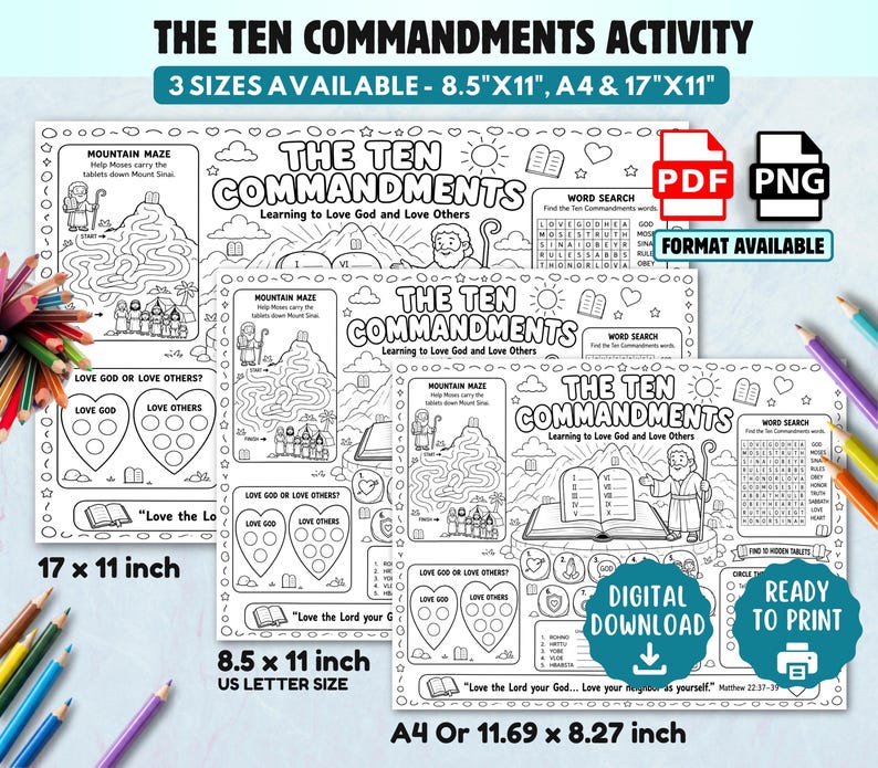K&ouml;nnte beinhalten: Ein schwarz-wei&szlig;es, druckbares Aktivit&auml;tsblatt mit dem Titel The Ten Commandments, das ein Berglabyrinth, eine Wortsuche und herzf&ouml;rmige Ausmalbereiche enth&auml;lt. Verf&uuml;gbar in den Gr&ouml;&szlig;en 8,5x11 Zoll, A4 und 17x11 Zoll als digitaler Download.