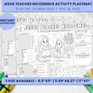 Può includere: Una tovaglietta per attività in bianco e nero intitolata Jesus Teaches Nicodemus, con un'illustrazione centrale di due figure, un cruciverba, un gioco di parole, un labirinto ed esercizi. Il foglio include riferimenti testuali a Giovanni 3:1-21.