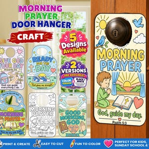 Könnte beinhalten: Eine Sammlung von Morgengebet-Türhängern mit farbenfrohen Illustrationen von Kindern, Sonnenaufgängen und religiösen Symbolen. Die Designs enthalten Texte wie Give God Your Day, Ready for the Day und Morning Prayer sowie Ausmalbilder.