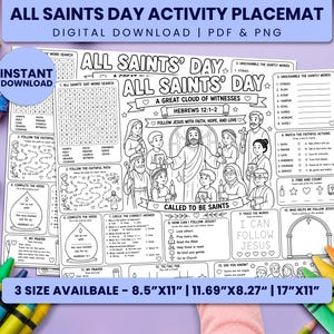 May include: A black and white All Saints' Day activity placemat featuring a word search, a maze, matching games, and illustrations of religious figures. The text includes 'All Saints' Day', 'A Great Cloud of Witnesses', and 'I Can Follow Jesus'.