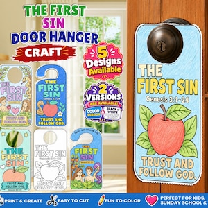 May include: A set of printable door hangers featuring the theme The First Sin Genesis 3:1-24. The designs include illustrations of an apple, a snake, and figures, with text reading Trust and Follow God. Available in color and black and white versions.