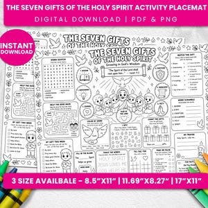 May include: A black and white activity placemat titled The Seven Gifts of the Holy Spirit featuring a central illustration of Jesus with children, a dove, word search, maze, matching games, and coloring sections, with crayons visible at the corners.