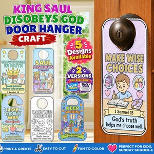 Peut inclure: Un ensemble de panneaux de porte à imprimer sur le thème du roi Saül et de la Bible. Les motifs incluent des textes comme 'Make Wise Choices', 'Grow Strong in Faith' et 'Live God's Way', avec des illustrations de personnages, couronnes et cœurs.