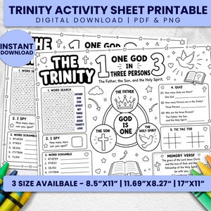 May include: A black and white printable activity sheet titled The Trinity, featuring a word search, quiz, tic-tac-toe, and memory verse. The design includes illustrations of a crown, cross, dove, and open book. Available in 8.5x11, 11.69x8.27, and 17x11 inches.