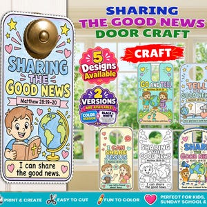 Può includere: Un kit di bricolage per appendiporta intitolato Sharing The Good News con cinque design distinti che presentano illustrazioni di bambini, mappamondi e bibbie. Il set include versioni a colori e in bianco e nero da colorare.