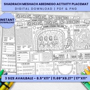 May include: A black and white activity placemat featuring the story of Shadrach, Meshach, and Abednego with a word search, maze, word scramble, and counting games. The text reads Shadrach, Meshach, and Abednego, Stand Strong For God, and My Prayer.