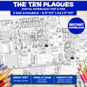 Peut inclure: Une feuille d'activités imprimable en noir et blanc intitulée The Ten Plagues avec des illustrations de Moïse et Pharaon, un labyrinthe, des mots mêlés, un jeu de lettres, un morpion et des jeux de comptage. Le texte inclut Let my people go.