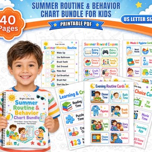 May include: A 40-page printable PDF summer routine and behavior chart bundle for kids, featuring US letter size documents with colorful illustrations, chore lists, reward coupons, and daily schedule cards for morning, evening, and learning activities.