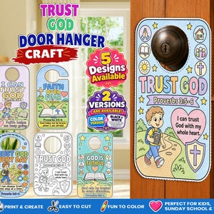 Puede incluir: Un conjunto de colgadores de puerta imprimibles con temas religiosos que incluyen ilustraciones de niños, libros abiertos, corazones y escudos. El texto incluye Trust God, Proverbs 3:5-6, Faith Over Fear y God Is Faithful. Versiones en color y blanco y negro.