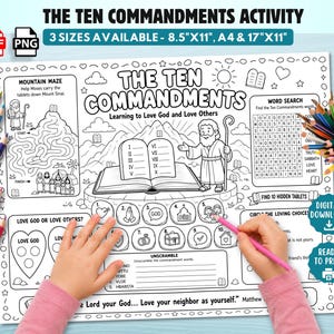K&ouml;nnte beinhalten: Ein druckbares Arbeitsblatt mit dem Titel The Ten Commandments, das ein Berglabyrinth, ein Wortsuchr&auml;tsel und nummerierte Kreise zum Ausmalen enth&auml;lt. Die Seite zeigt Illustrationen eines offenen Buches mit r&ouml;mischen Ziffern und einer Figur.
