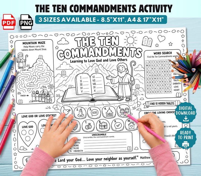 K&ouml;nnte beinhalten: Ein druckbares Arbeitsblatt mit dem Titel The Ten Commandments, das ein Berglabyrinth, ein Wortsuchr&auml;tsel und nummerierte Kreise zum Ausmalen enth&auml;lt. Die Seite zeigt Illustrationen eines offenen Buches mit r&ouml;mischen Ziffern und einer Figur.