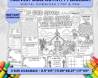 Könnte beinhalten: Ein schwarz-weißes, ausdruckbares Ernte-Bibel-Aktivitäts-Platzset mit Wortsuche, Kürbis-Labyrinth, Worträtsel, Zählspiel und Tic-Tac-Toe. Der Text lautet God Gives The Harvest und enthält Psalm 67:6. Verfügbar in den Größen 21,6x27,9 cm.