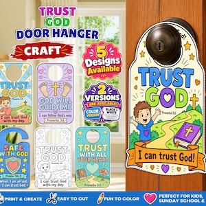 Puede incluir: Una colección de colgadores de puerta imprimibles con temas e ilustraciones religiosas. Los diseños incluyen textos como Trust God, God Will Guide Me y Safe With God, junto a gráficos coloridos de niños, corazones, cruces y biblias.