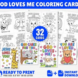 May include: A set of 32 God Loves Me coloring cards on 8.5"x11" pages. The black and white line art features animals like a bee, birds, cat, rabbit, deer, squirrel, giraffe, koala, and lamb with inspirational text and Bible verses.