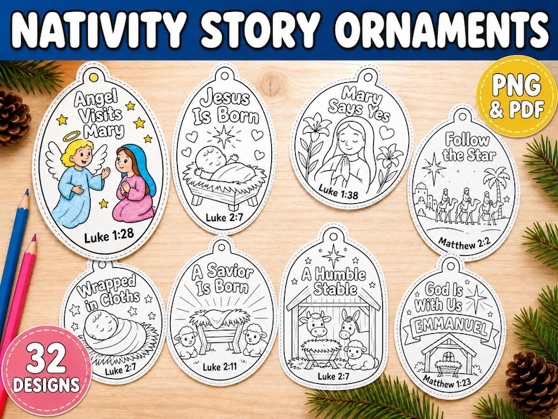 42x Nativity Story Coloring Ornament for Kids | Christian Christmas ...