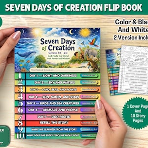 以下が含まれることがあります： 「Seven Days of Creation」フリップブック。自然や動物のイラストが描かれたカラフルな表紙と、創世記1章1節から2章3節までの聖書の出来事を記した10枚の番号付きタブで構成されています。カラー版と白黒版の両方が含まれています。