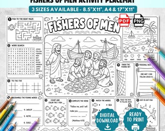 Fishers of Men Kids Activity Placemat | Bible Coloring Printable |Matthew 4 Sunday School Activity Mat | Fishers of Men Bible Lesson