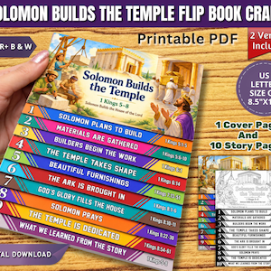以下が含まれることがあります： Solomon Builds the Templeというタイトルの印刷可能なフリップブッククラフトで、カラフルなイラストとテキストが記載された10枚の番号付きページで構成されています。ドキュメントには、21.59cm x 27.94cmサイズの表紙とストーリーページが含まれています。