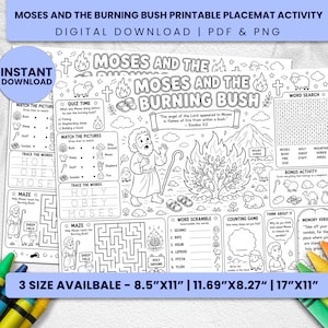 May include: A black and white printable placemat activity sheet titled Moses and the Burning Bush. The page features line art illustrations of Moses, a burning bush, sheep, and mountains, alongside word searches, mazes, and tracing exercises.