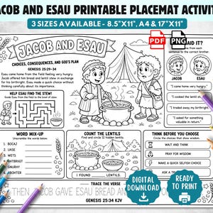 Puede incluir: Una hoja de actividades imprimible en blanco y negro titulada Jacob and Esau, que incluye un laberinto, un juego de palabras y un juego de contar. La hoja presenta ilustraciones de dos figuras, una tienda de campaña y una olla, con texto.