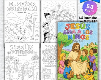 Könnte beinhalten: Eine Sammlung von spanischen Bibelvers-Malvorlagen für Kinder mit 53 druckbaren PDF-Seiten im Format 21,59 cm mal 27,94 cm. Die Bilder zeigen Strichzeichnungen von Jesus mit Kindern und Schafen sowie eine vollfarbige Illustration.