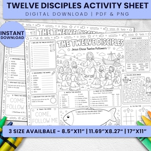 Op de afbeelding: Een zwart-wit activiteitenblad getiteld The Twelve Disciples met Jezus en zijn volgelingen, inclusief woordzoekers, doolhoven en puzzels. Het document bevat teksten zoals Jesus Chose Twelve Followers en Come, Follow Me, beschikbaar in de formaten 21,59x27,94 cm, 29,7x21 cm en 43,18x27,94 cm.