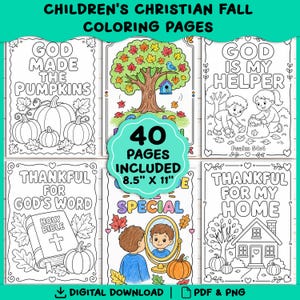 May include: A collection of 40 children's Christian fall coloring pages measuring 8.5 inches by 11 inches. The pages feature line art of pumpkins, a tree with a birdhouse, a Bible, a house, and children, with text including God Made The Pumpkins.