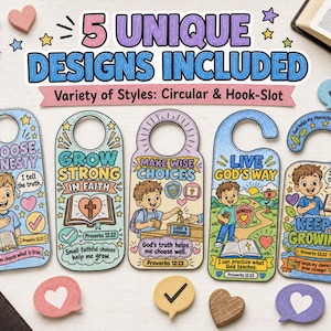 May include: Five colourful door hangers featuring cartoon illustrations and religious text including Choose Honesty, Grow Strong In Faith, Make Wise Choices, Live God's Way, and Keep Growing. Each hanger displays a unique design with characters.