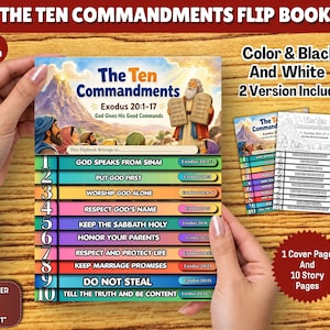 May include: A Ten Commandments flip book featuring a colorful illustration of Moses holding stone tablets on the cover. The flip book includes ten numbered horizontal bars with text listing the commandments and corresponding Exodus references.