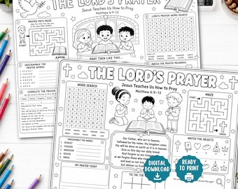 Könnte beinhalten: Ein schwarz-weißes, ausdruckbares Arbeitsblatt mit dem Titel The Lord's Prayer, das Illustrationen betender Kinder, ein Wortsuchrätsel, ein Labyrinth und den Text aus Matthäus 6:9-13 enthält. Es umfasst Abschnitte zum Entschlüsseln von Wörtern.